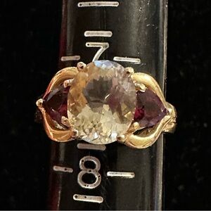 Yellow Citrine & Garnet 10k Gold Ring Sz 7.5
